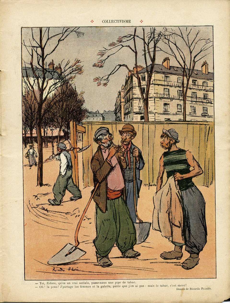 Illustration av Ricardo Flores (1878-1918) i Le Rire, 06/02/09 - Kollektivism - Social, Urban arkitektur, Träd, Byggnad, Kollektivism - Arbetare, Terrassiers av Ricardo Flores
