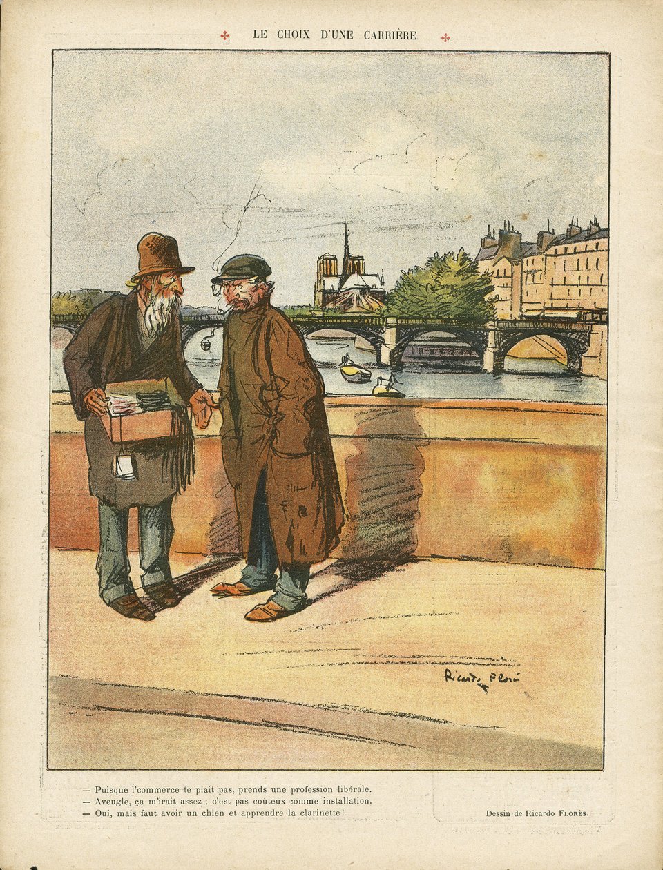 Illustration av Ricardo Flores (1878-1918) i Le Rire, 06/03/09 - Att välja en karriär - Paris, Arkitektur Stadsplanering, Misere, Bro, River River, Churches Cathedrals, Seine (flod) av Ricardo Flores