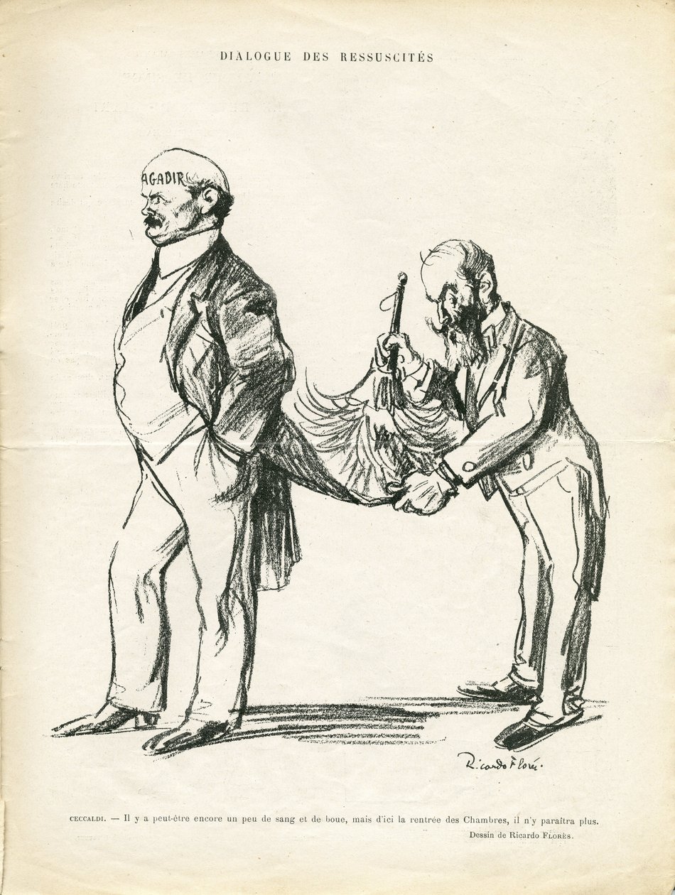 Illustration av Ricardo Flores (1878-1918) i Le Rire, 09/05/14 - Dialogue of Ressucites - Marocko, Agadir - Ceccaldi av Ricardo Flores
