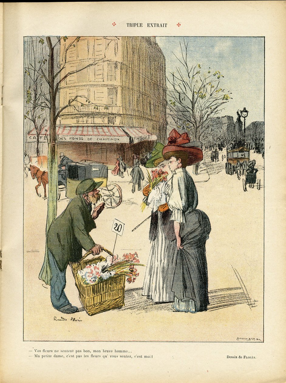 Illustration av Ricardo Flores (1878-1918) i Le Rire, 25/04/08 - Trippelt utdrag - Arkitektur Urbanism, Mode, Hatt, Transport, Blommor, Butiker av Ricardo Flores