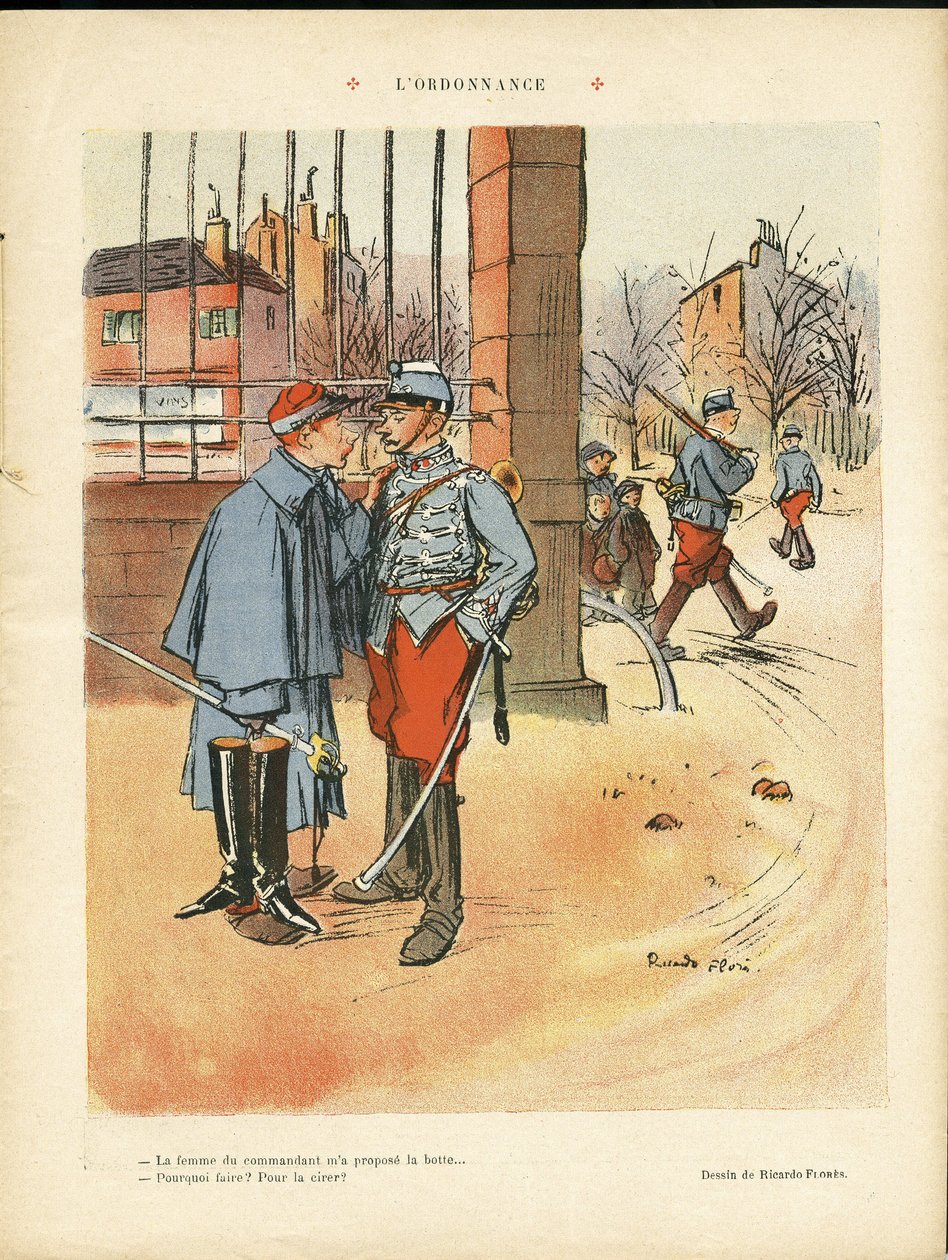 Illustration av Ricardo Flores (1878-1918) i The Rire, 05/06/09 - The Ordinance - Armee, Urban Architecture, Love av Ricardo Flores
