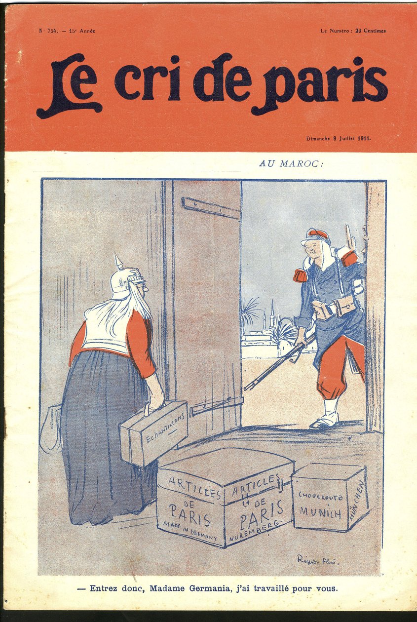 Illustration av Ricardo Flores (1878-1918) för omslaget till Le Cri de Paris, 09/07/11 - "" Gå in så kära fru, jag har arbetat för dig." - Tyskland Preussen, Marocko, Maghreb - Germania av Ricardo Flores