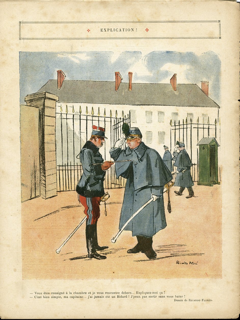 Illustration av Ricardo Flores (1878-1918) i Le Lire, 23/04/10 - Förklaring - Armee, baracker av Ricardo Flores