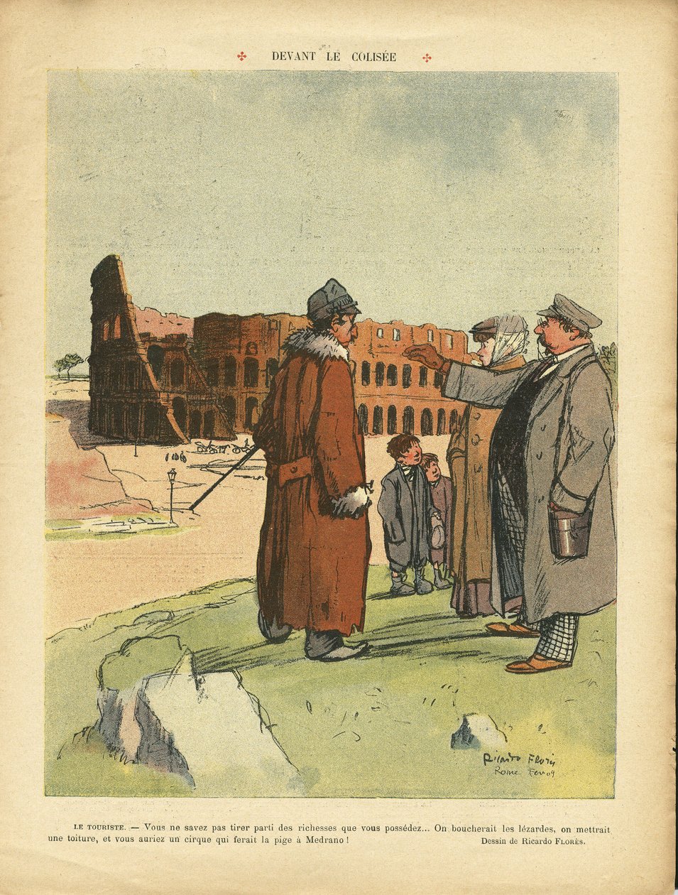 Illustration av Ricardo Flores (1878-1918) i Le Rire, 03/04/09 - Framför Colisee - Italien, Turistturister, Colisee av Ricardo Flores