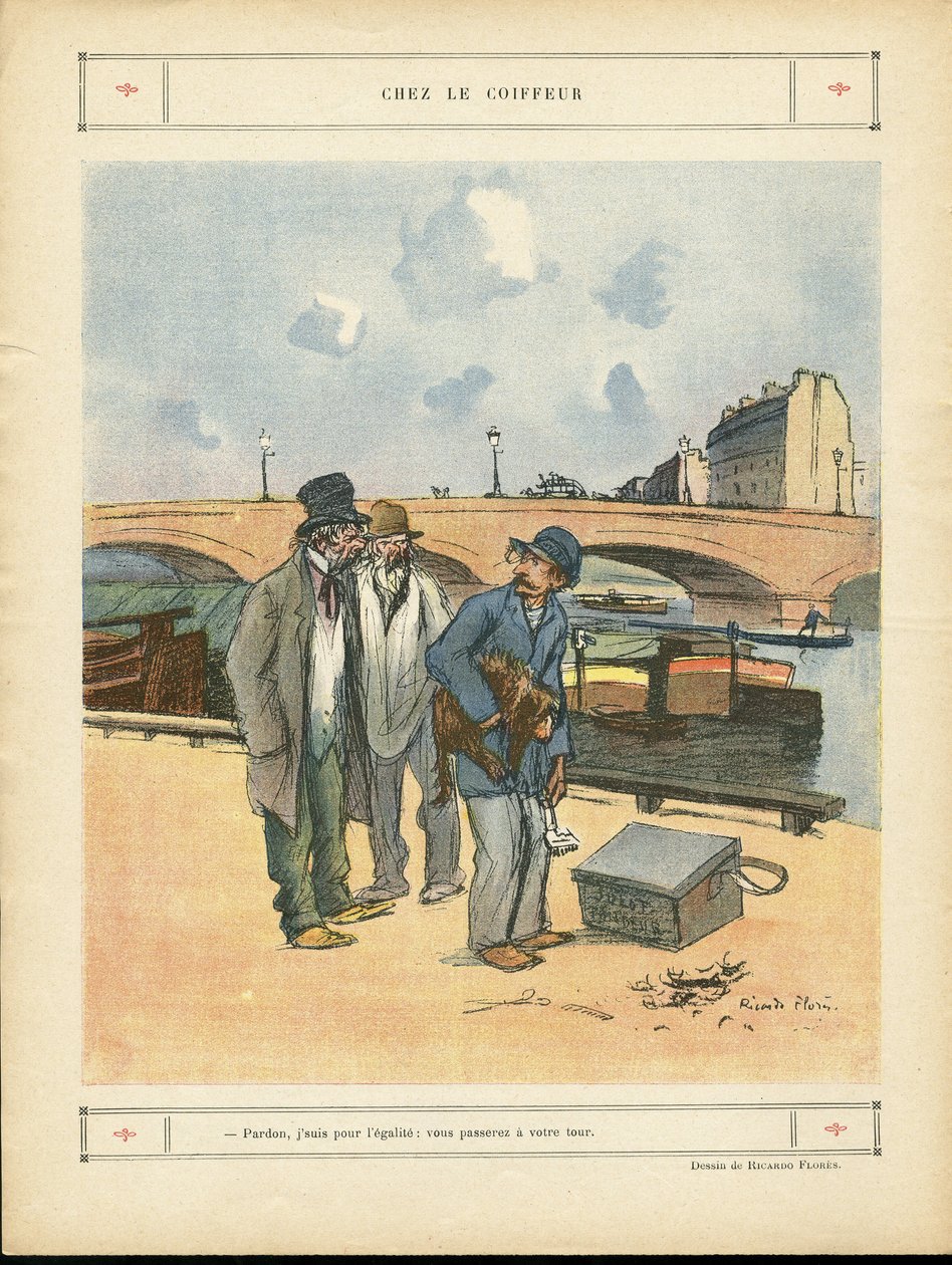 Illustration av Ricardo Flores (1878-1918) i Le Rire, 05/10/12 - Hos frisören - Paris, Yrken, Arkitektur Stadsplanering, Bro, River River - Hund, Frisör av Ricardo Flores