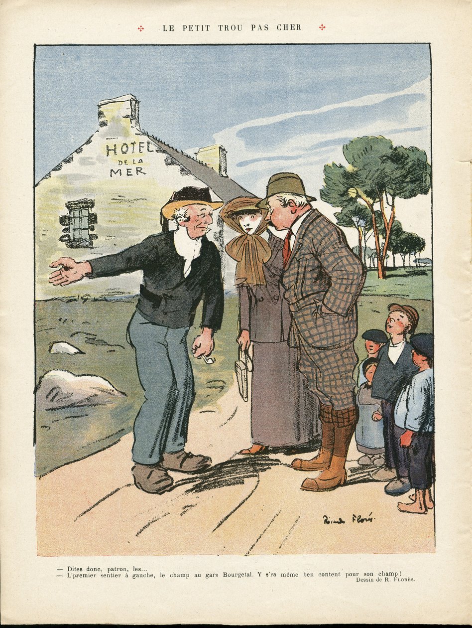 Illustration av Ricardo Flores (1878-1918) i Le Rire, 20/07/12 - Det billiga lilla hålet - Landsbygd, Mode, Maritim Havssida, Herrmode, Turistturister, Hotell av Ricardo Flores