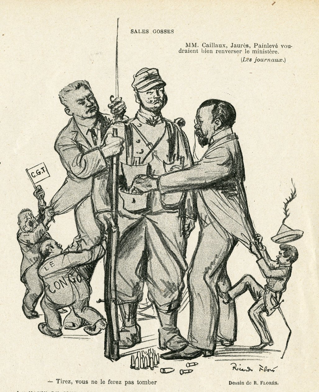 Illustration av Ricardo Flores (1878-1918) i Le Rire, 21/06/13 - Sales kidses - Armee, militärtjänst, socialism - Jaures Jean, Caillaux Joseph (1863-1944), Painleve Paul (1863-1933) av Ricardo Flores
