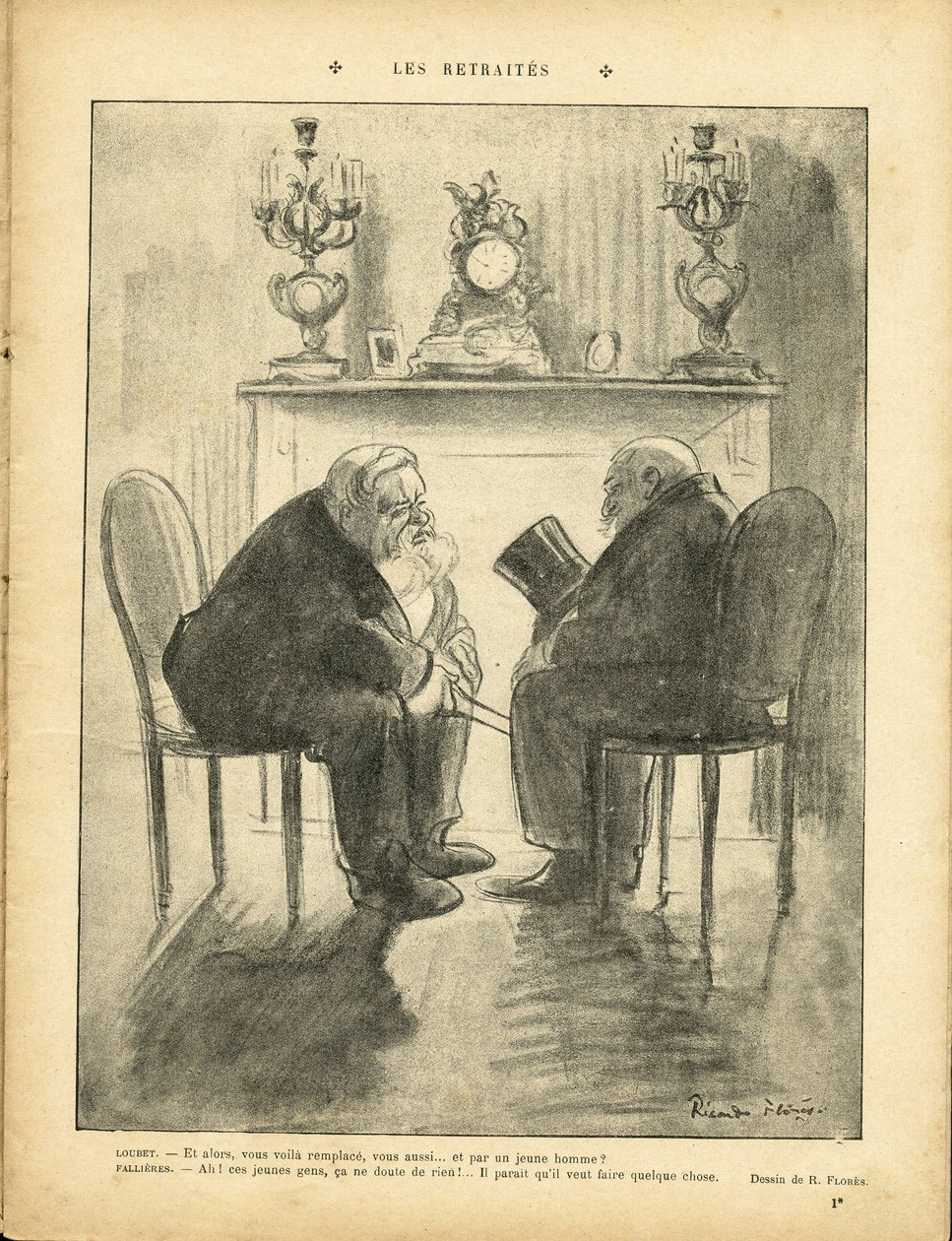 Illustration av Ricardo Flores (1878-1918) i Le Rire, 22/02/13 - Pensioner - Republikens president - Fallieres Armand (1841-1931), Loubet Emile av Ricardo Flores