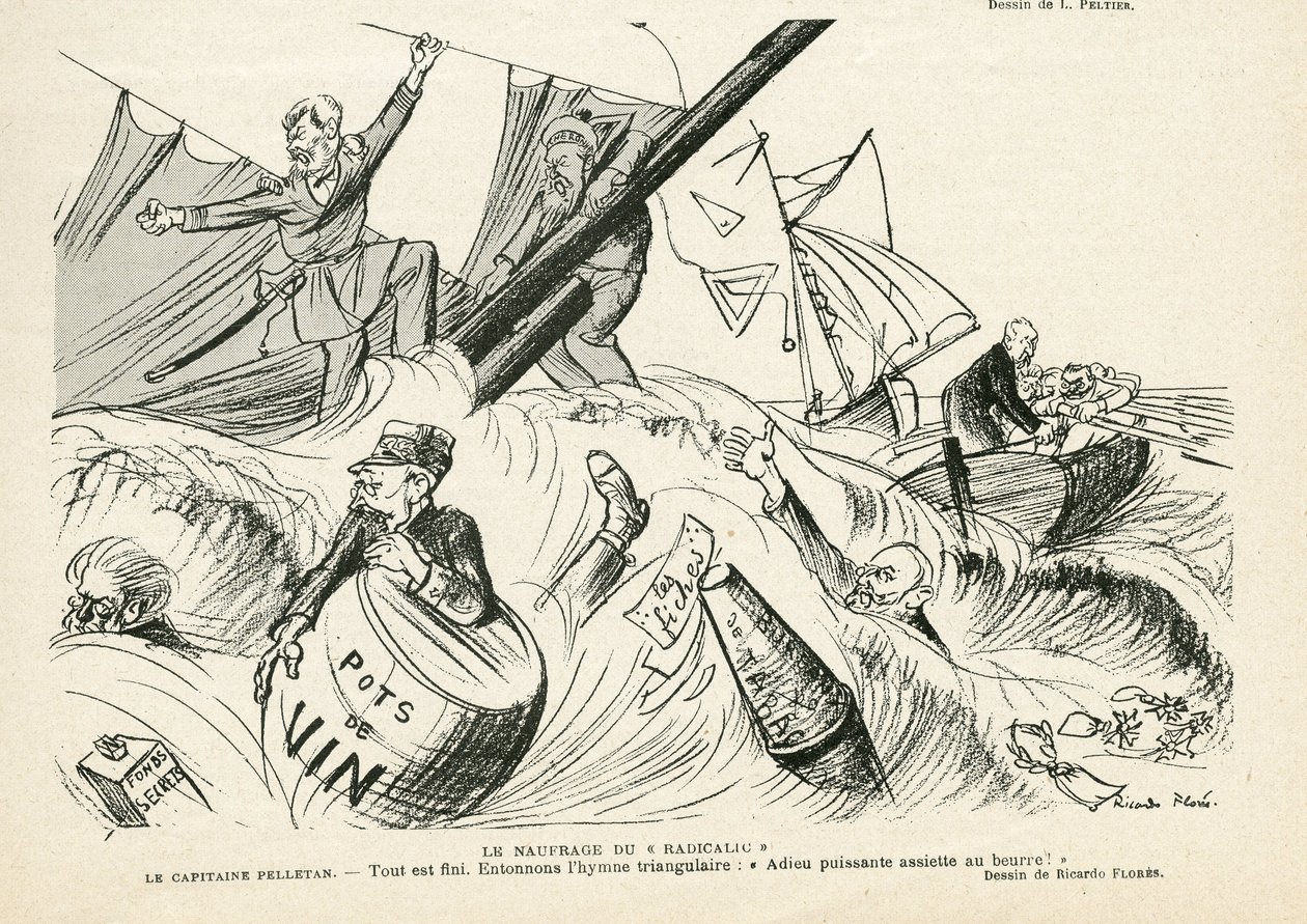 Illustration av Ricardo Flores (1878-1918) i Le Rire, 25/05/12 - Radikalismens skeppsbrott - Radikalism, Maritime Marine Seaside, Rökning, Yachting, Tobak - Combes Emile (1835-1921), Andre Louis (1838-1913) ), Pelletan Camille (1846-1915) - Grafisk parod av Ricardo Flores