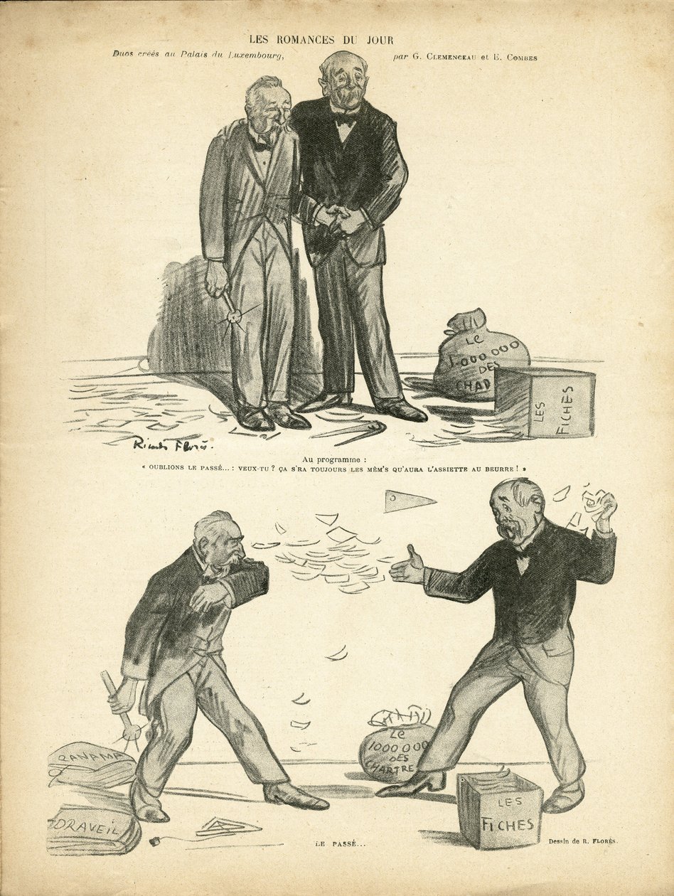 Illustration av Ricardo Flores (1878-1918) i Le Rire, 28/12/12 - Dagens romantik - Case of Panama, Case of Records, Repression - Million of the Chartreux - Combes Emile (1835-1921), Clemenceau George av Ricardo Flores