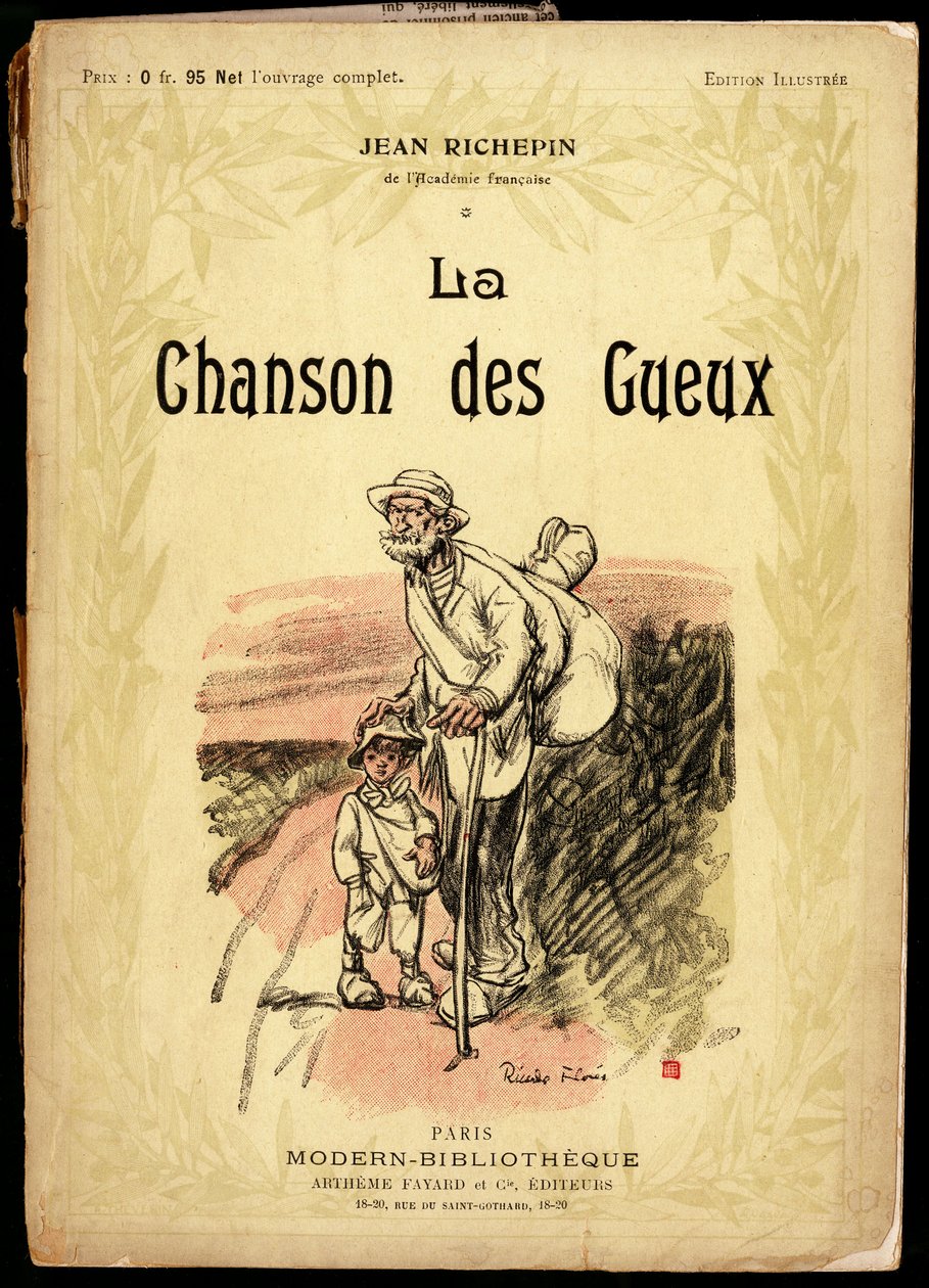 Gammal man och liten pojke, iklädda resknutar och skor insvepta i trasor, på en väg, illustration av Ricardo Flores (död 1918), för omslaget till samlingen texter och poesier med titeln "La chanson des gueux", av Jean Richepin (1849-1926), fransmännen av Ricardo Flores