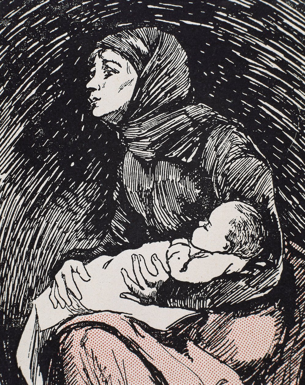 Julafton. 1900. En mager kvinna med sitt barn i famnen (gravyr) av Ricardo Maria Navarrete