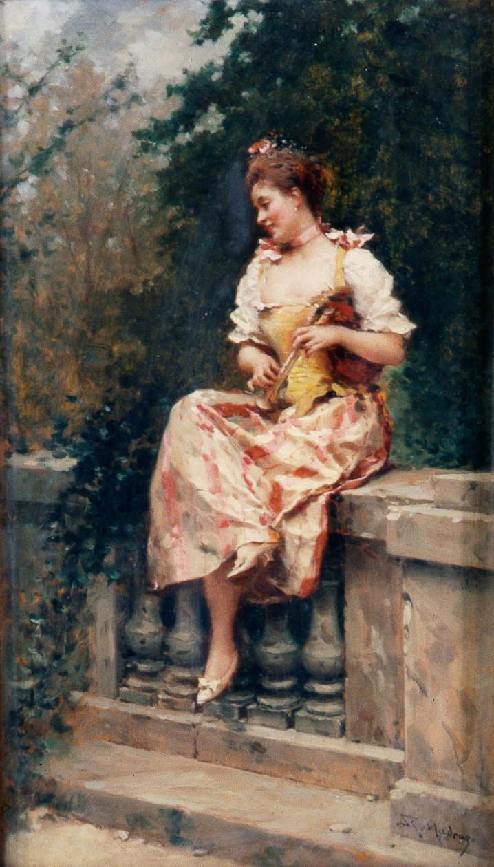Flicka med flöjt, ca 1895 (olja på pannå) av Ricardo de Madrazo y Garreta