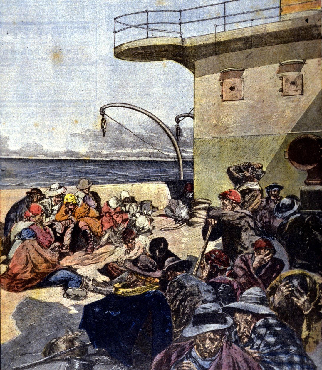 Italiensk emigration till Kanada; resan ombord på Lake Megantic gjordes under ganska svåra förhållanden. Ill. av R. Pellegrini. La Domenica del corriere. 02/06/1901. av Riccardo Pellegrini