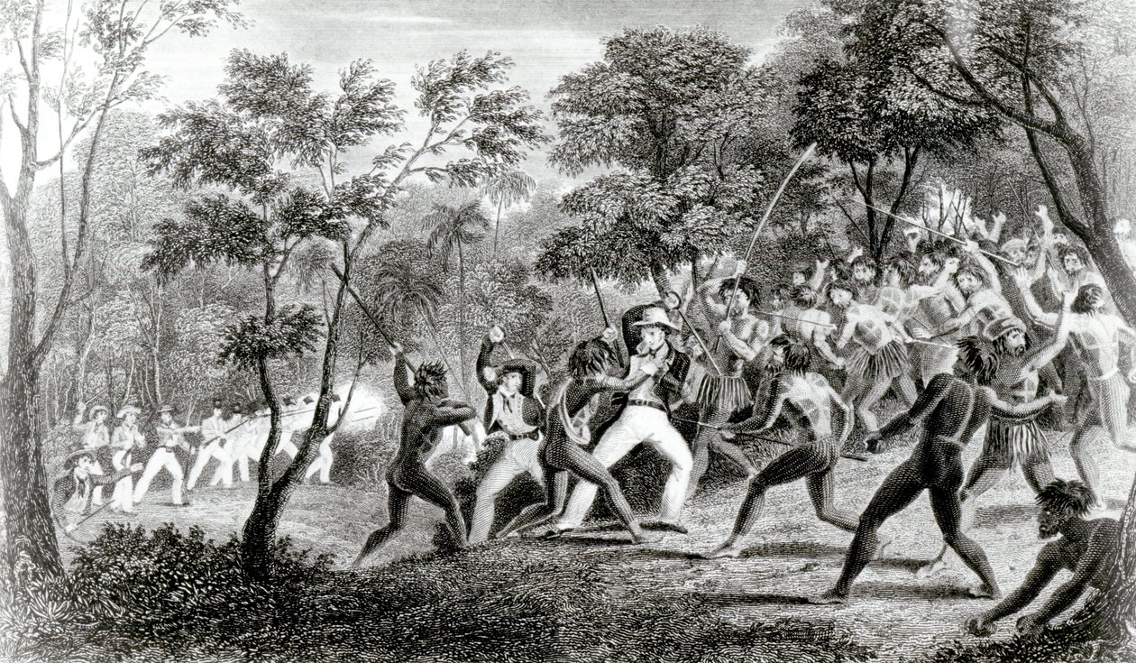 Attack of the Natives of Gambier Islands, graverad av Edward Finden, 1831 av Richard B. Beechey