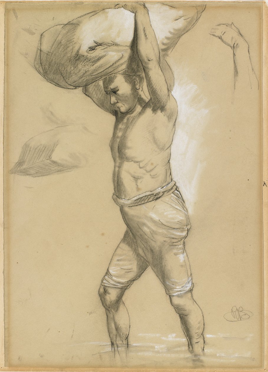 Man som bär ett paket, 1870-80-tal (svart krita eller kol förhöjt med vitt) av Richard Beavis