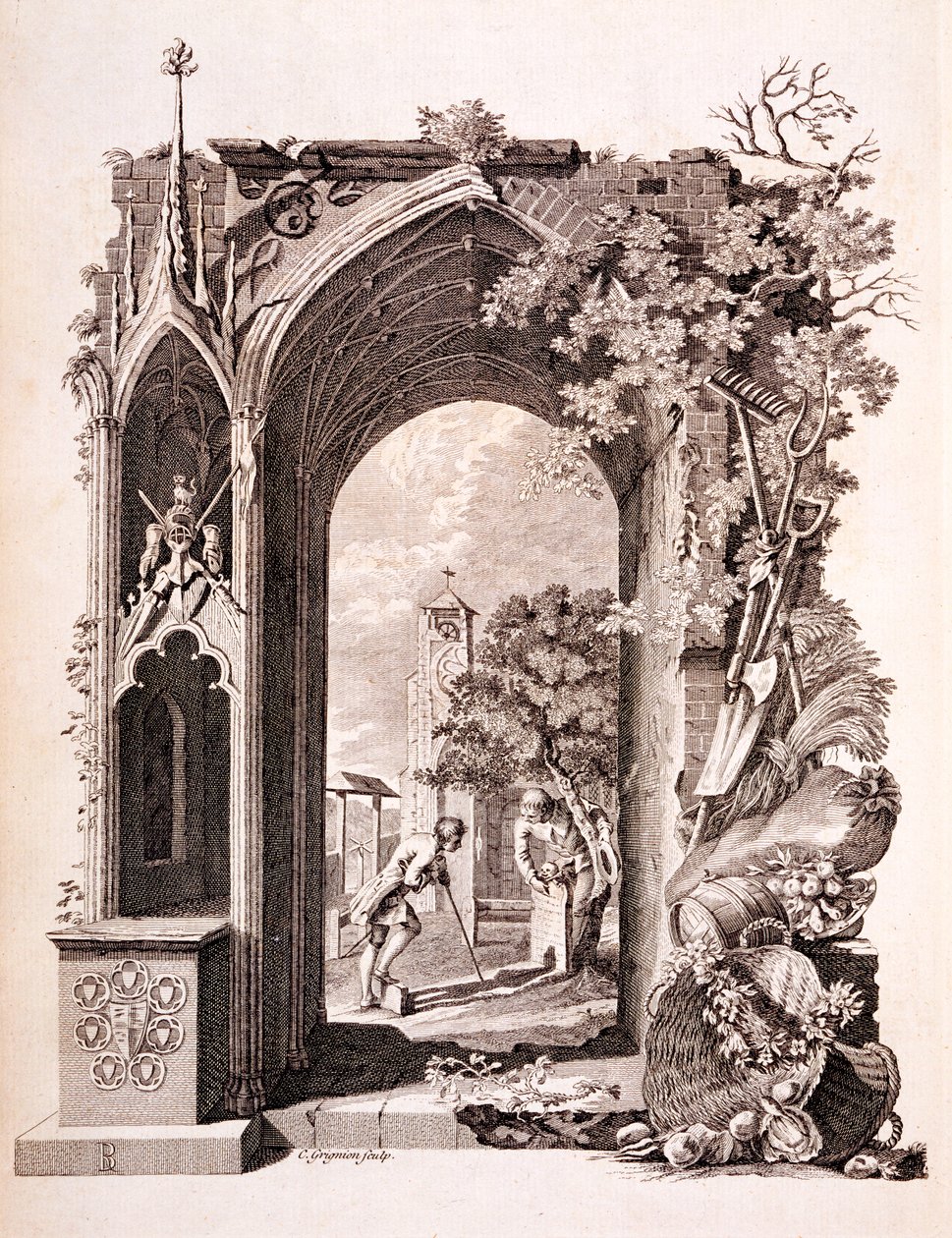 Elegy in a Country Churchyard, illustration från "Tomas Grays sex dikter", publicerad 1775 av Richard Bentley