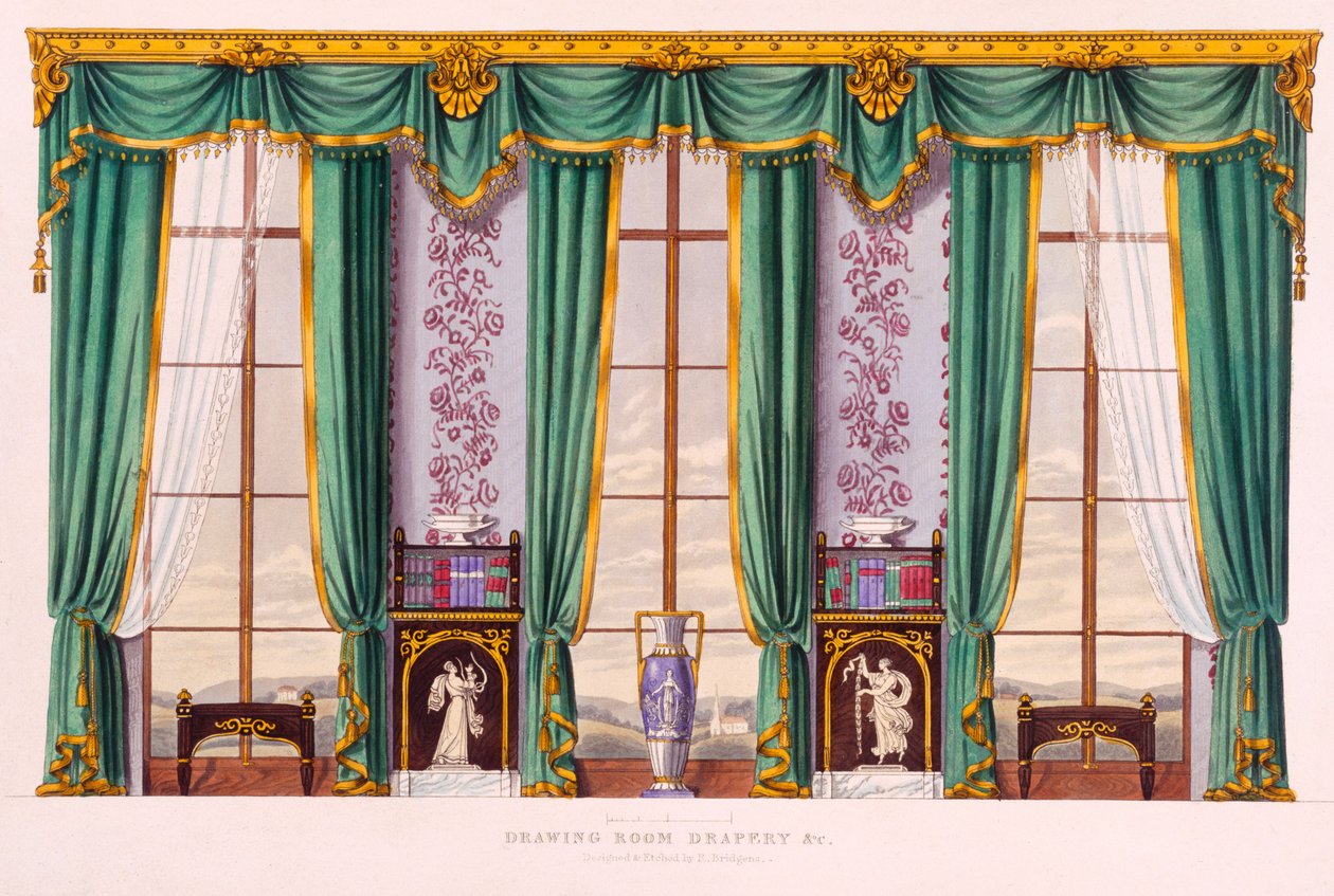 Drawing Room Drapery (Grecian setting) från "Furniture with Candelabras and Interior Decoration" 1833 av Bridgens, Richard (fl.1820) färgtryck av Richard Bridgens
