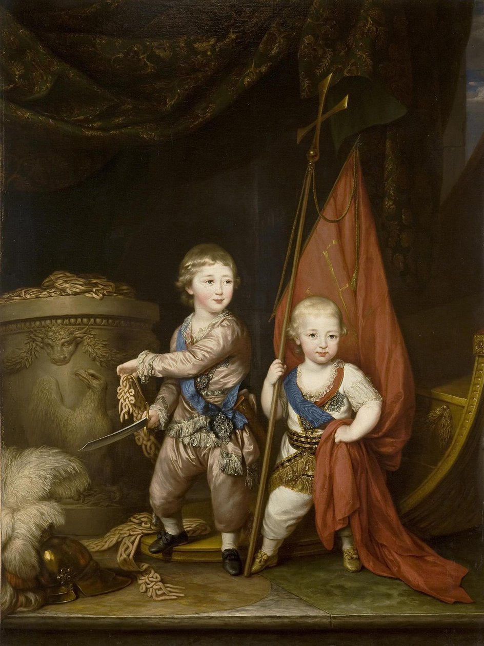 Porträtt av storhertigarna Alexander Pavlovich och Konstantin Pavlovich, som barn, 1781 av Richard Brompton