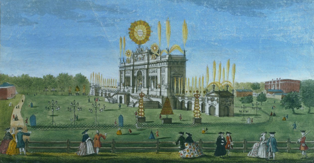 En perspektivvy av byggnaden för fyrverkerierna i den gröna parken, tagen från reservoaren, graverad av Paul Angier, 1749 av Richard Brookes