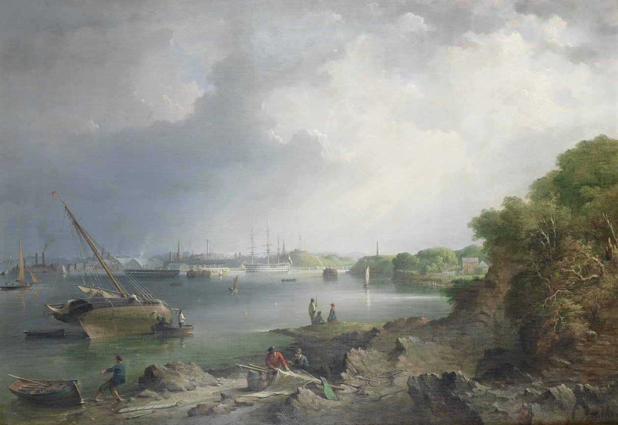 En utsikt över Hamoaze mot de täckta slipsarna och byggnaderna i Naval Dockyard på Devonport av Richard Brydges Beechey