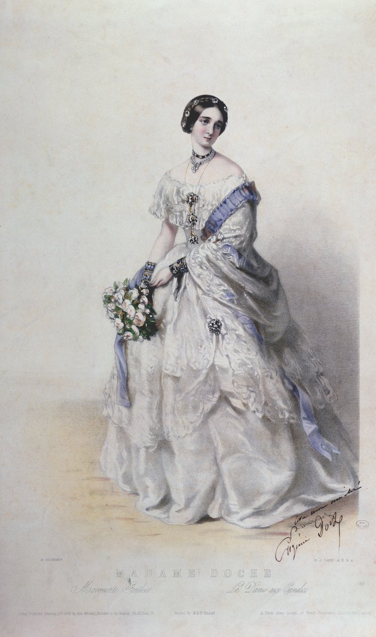 Porträtt av Madame Eugenie Doche i rollen som Marguerite Gautier, "La Dame aux Camelias" av Richard Buckner