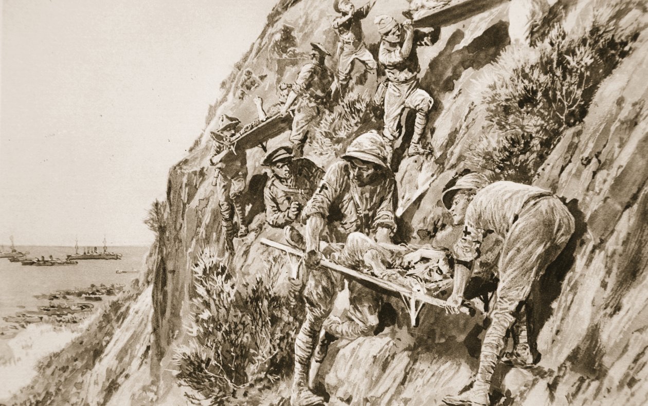 En R.A.M.C. svår att matcha: föra sårade nedför klippan under Suvla Bay Battle vid Dardanellerna, från "The Illustrated War News" av Richard Caton Woodville junior