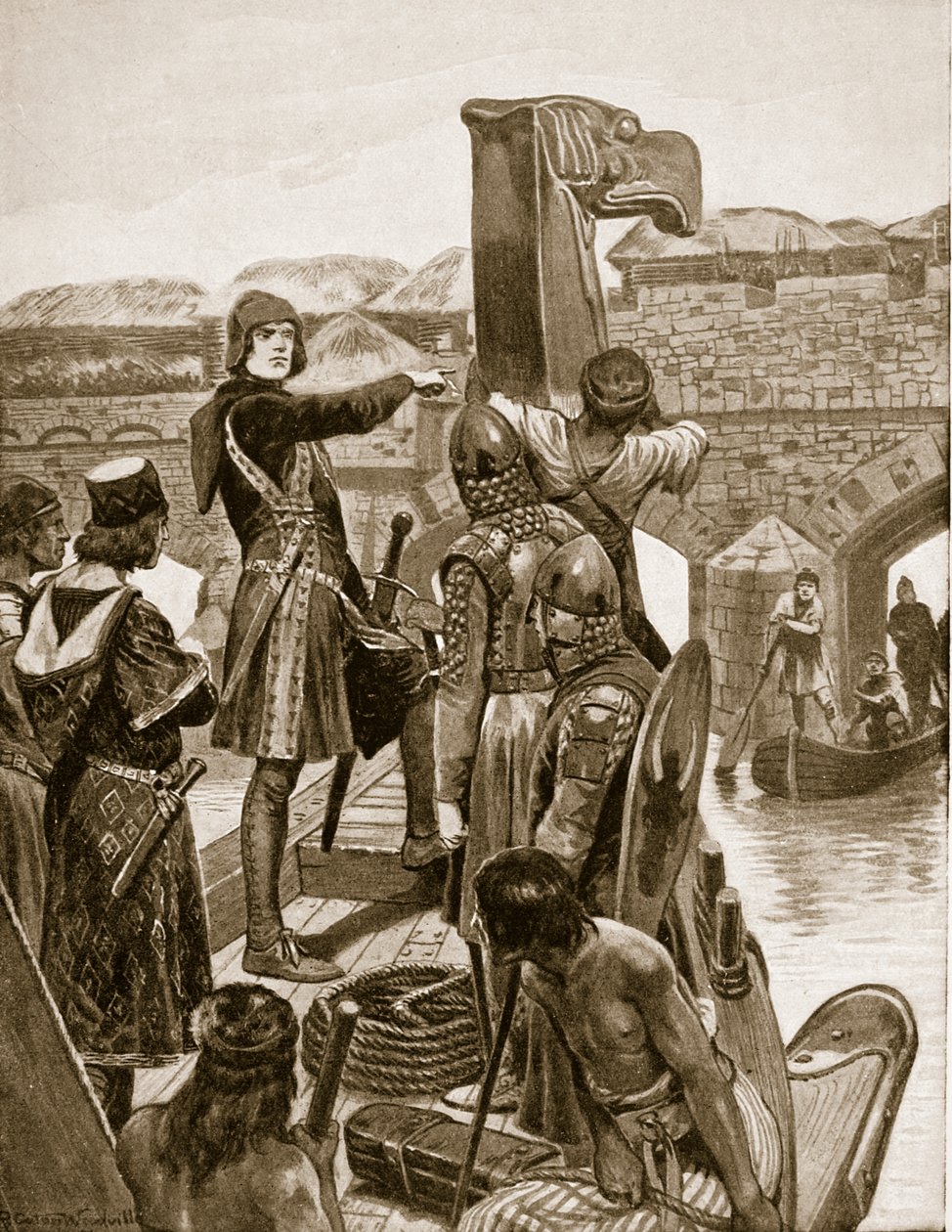 Earl Godwin seglar under London Bridge 1052 för att förena sin son Harold med 9 skepp från Irland, illustration från 