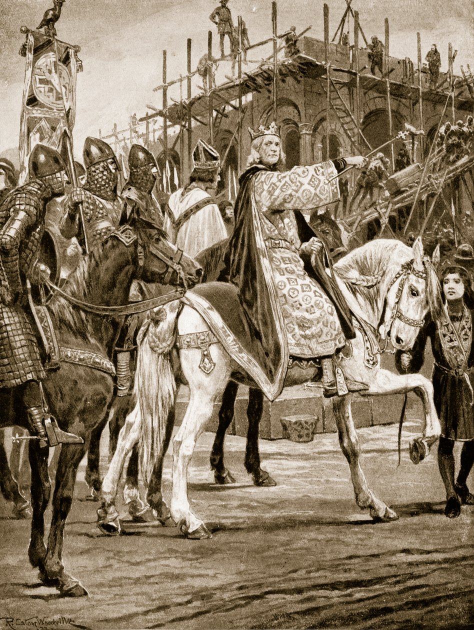 Edward the Confessor tittar på byggnaden av Westminster Abbey, den första normandiska kyrkan som byggdes i England, illustration från 
