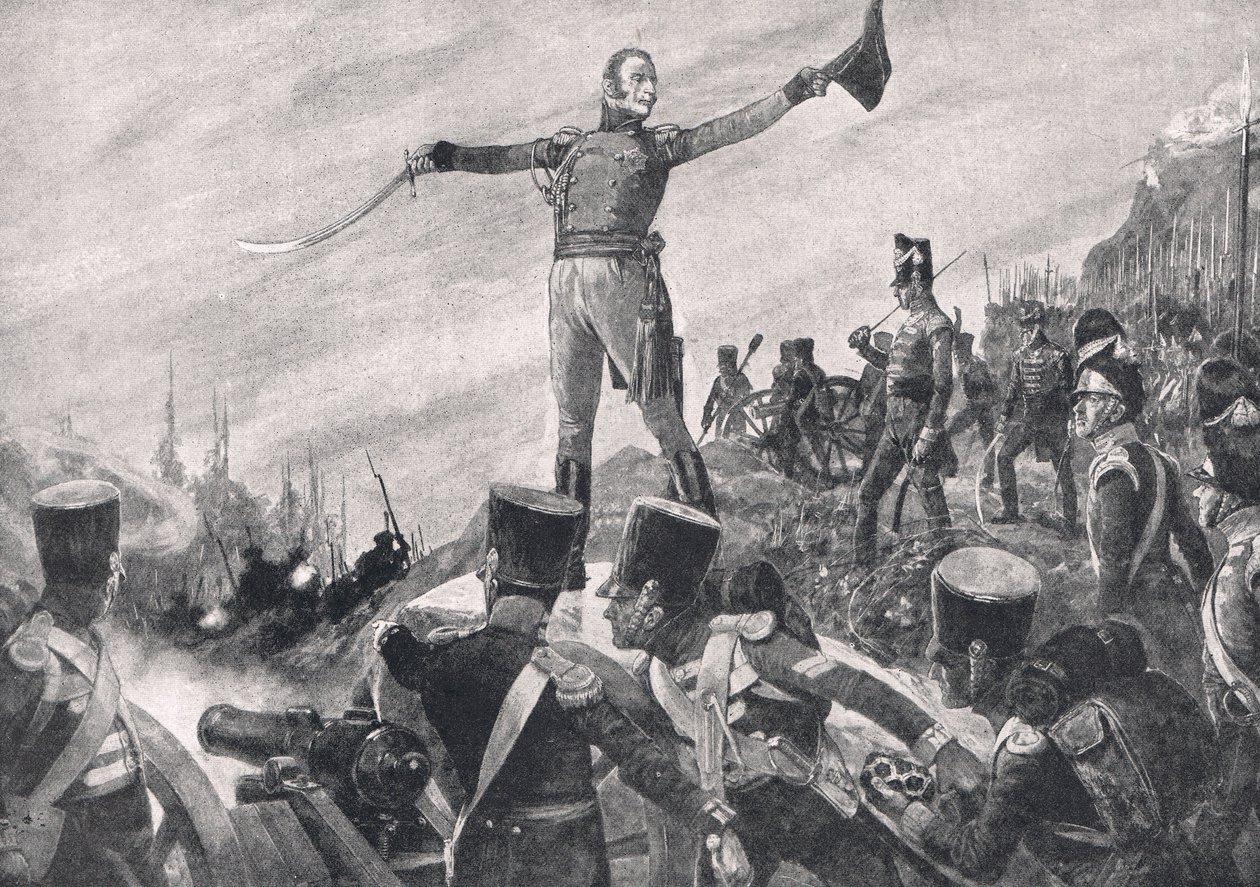 General Crawford ger order till 43:e och 52:a regementet att rycka fram, illustration från "British Battle on Land and Sea", publicerad av Cassell, London, ca 1910. av Richard Caton Woodville junior