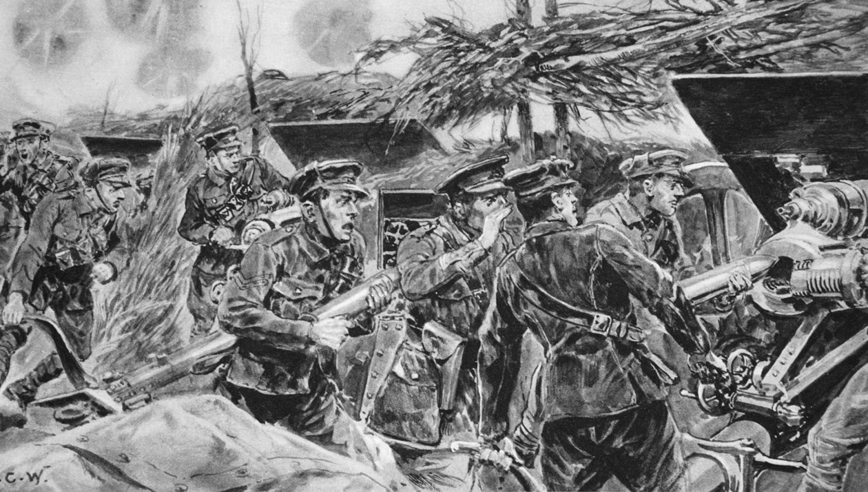 "Håll munnen öppen! En order som alltid är nödvändig när kanonerna är i heta stridigheter, från "The Illustrated War News", 1916. av Richard Caton Woodville junior