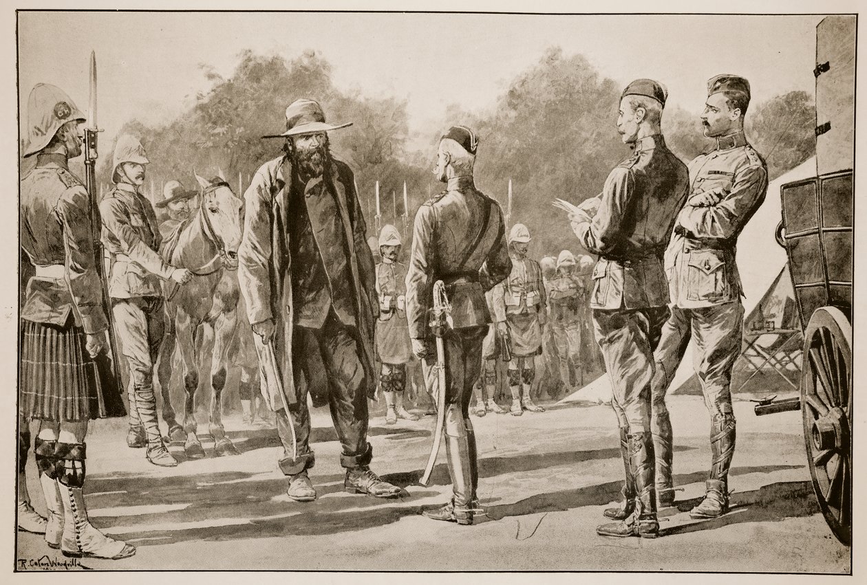 Majubadagen: Boergeneralen Piet Cronje kapitulerar inför Lord Roberts i Paardeberg den 27 februari 1900, efter en skiss av Frederic Villers (1851-1922). av Richard Caton Woodville junior