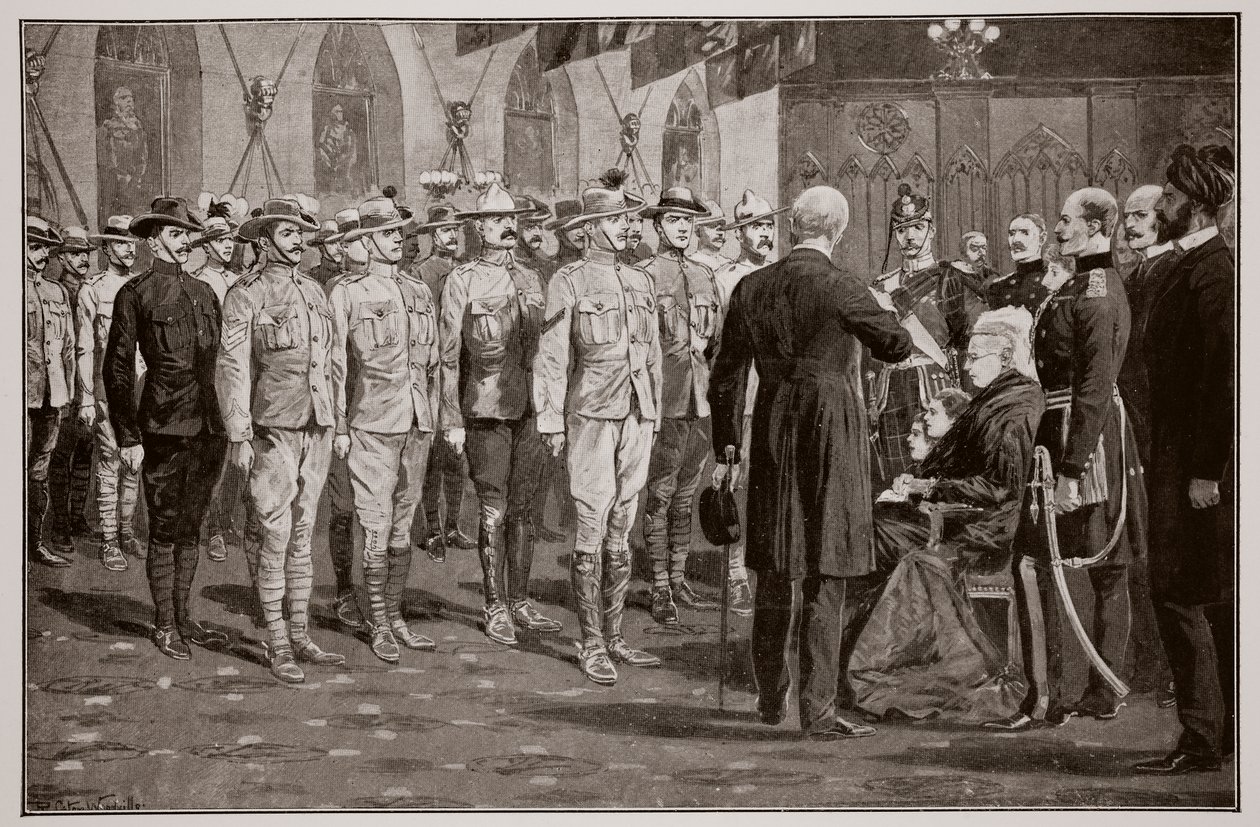 Inspektionen av kolonialsoldater vid Windsor Castle av drottning Victoria, 16 november 1900 av Richard Caton Woodville junior