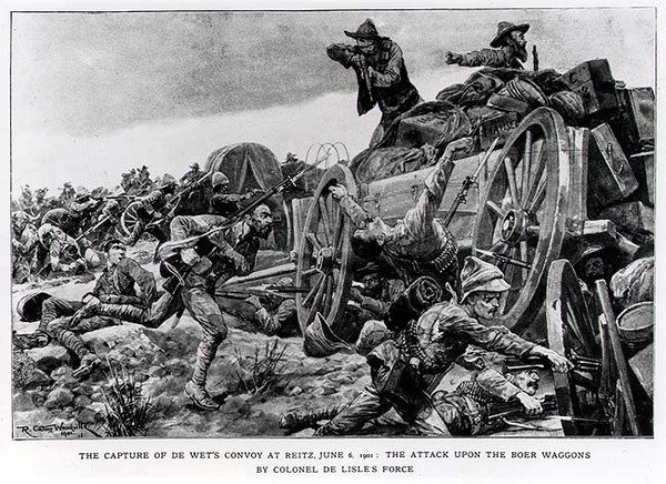Infångandet av de Wets-konvojen vid Reitz, 6 juni 1901. Attacken mot boervagnarna av överste de Lisles Force av Richard Caton II Woodville