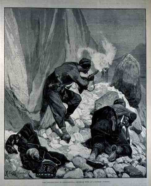 Upproret i Hercegovina: skärmytsling med en österrikisk utpost, graverad av W. I. Mosses, från The Illustrated London News, 18 mars 1882 av Richard Caton II Woodville