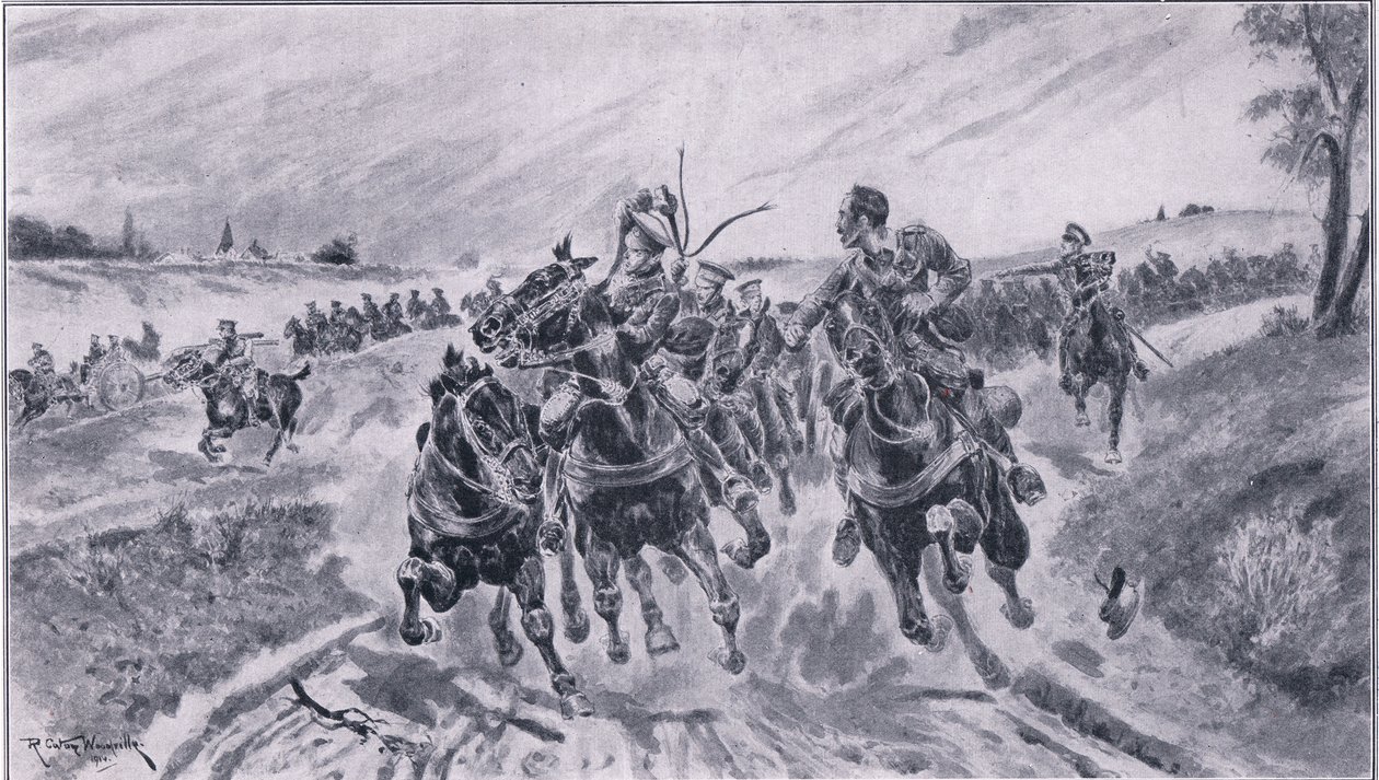 Brittiskt artilleri kommer i position vid slaget vid Mons, från The Great War The Amalgamated Press Limited, 1914 av Richard Caton Woodville