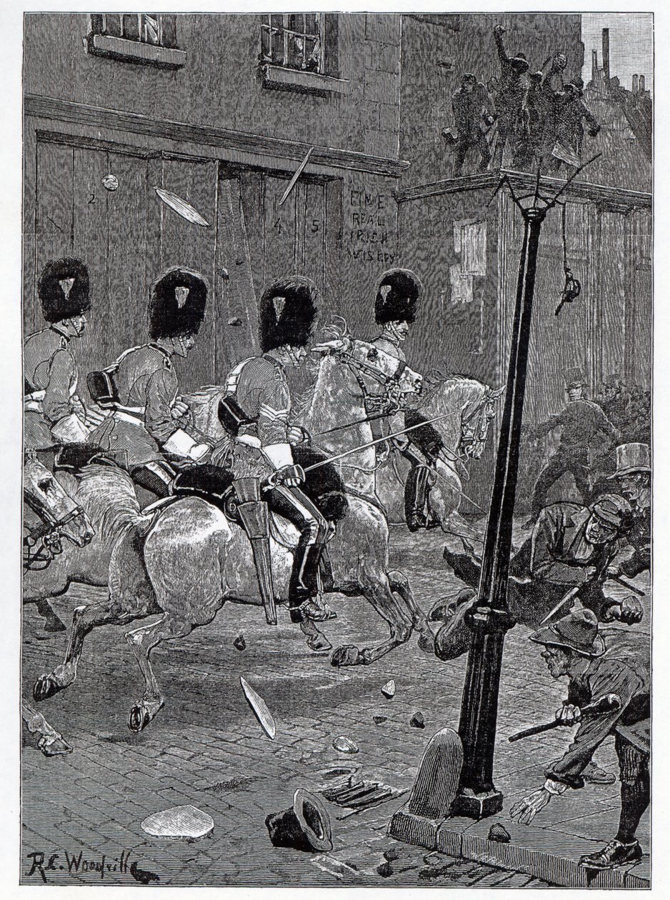 The Irish Land League Agitation: Scots Greys laddar mobben vid Limerick, illustration från 