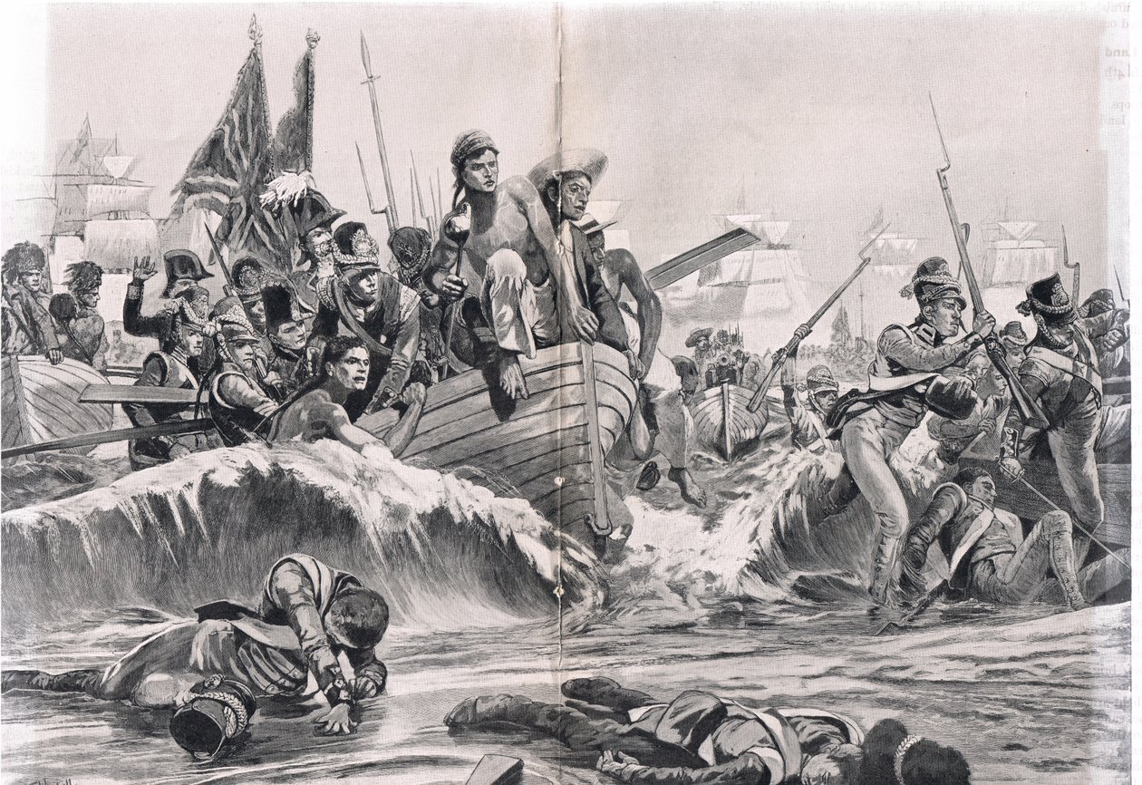 De brittiska truppernas landstigning i Aboukirbukten, illustration från "British Battles on Land and Sea", utgiven av Cassell, London, omkring 1910. av Richard Caton Woodville