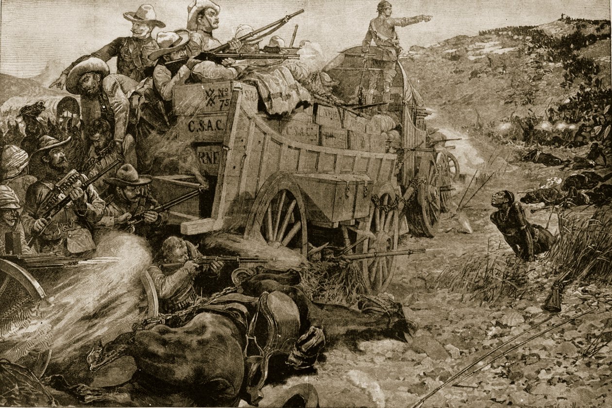 Matabele-kriget 1893: Attack på vagnslageret vid Imbembezi-floden den 1 november, från "The Illustrated London News", 1901 av Richard Caton Woodville