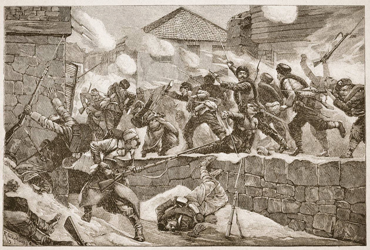 Den bulgariska kolonnens grova anfall gjorde staden, illustration från "Battles of the Nineteenth Century" av Archibald Forbes, G.A. Henty och major Arthur Griffiths av Richard Caton Woodville