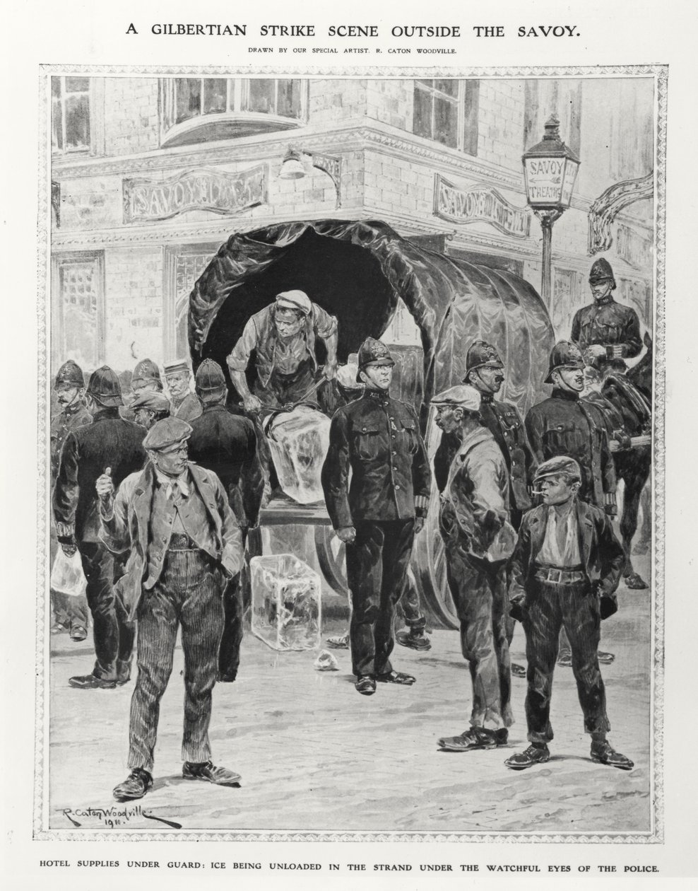 En gilbertsk strejkplats utanför Savojen, 1910 av Richard Caton after Woodville