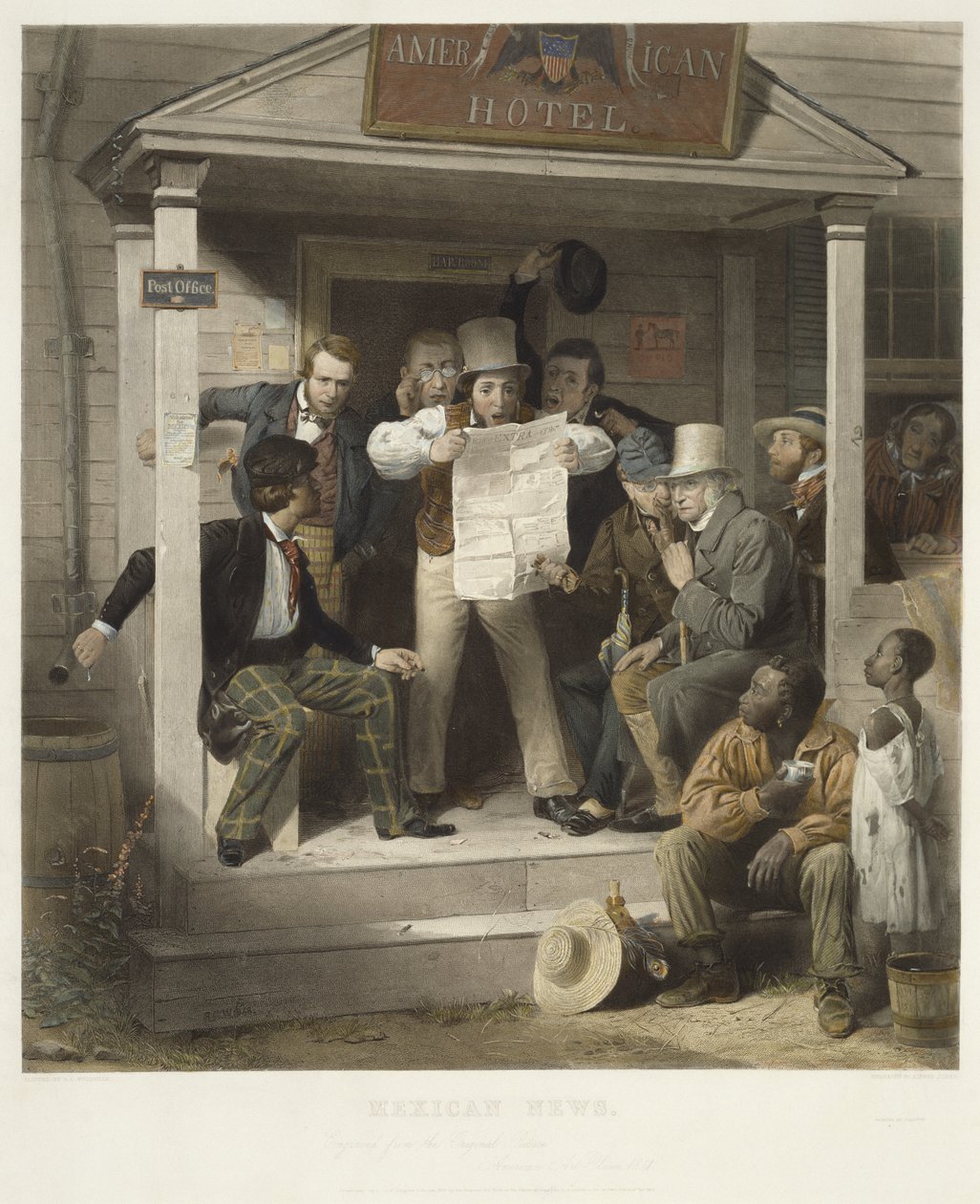 Mexikanska nyheter, c. 1851 (handfärgad gravyr på vävt papper) av Richard Caton after Woodville