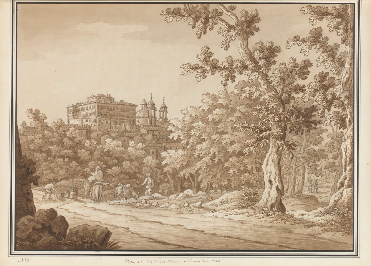 Vy på Valmontone, från en volym av 66 vyer hämtade från naturen i grannskapet av Rom och Abruzzo, november 1790 (penna- och bläcktvätt på papper) av Richard Colt Hoare
