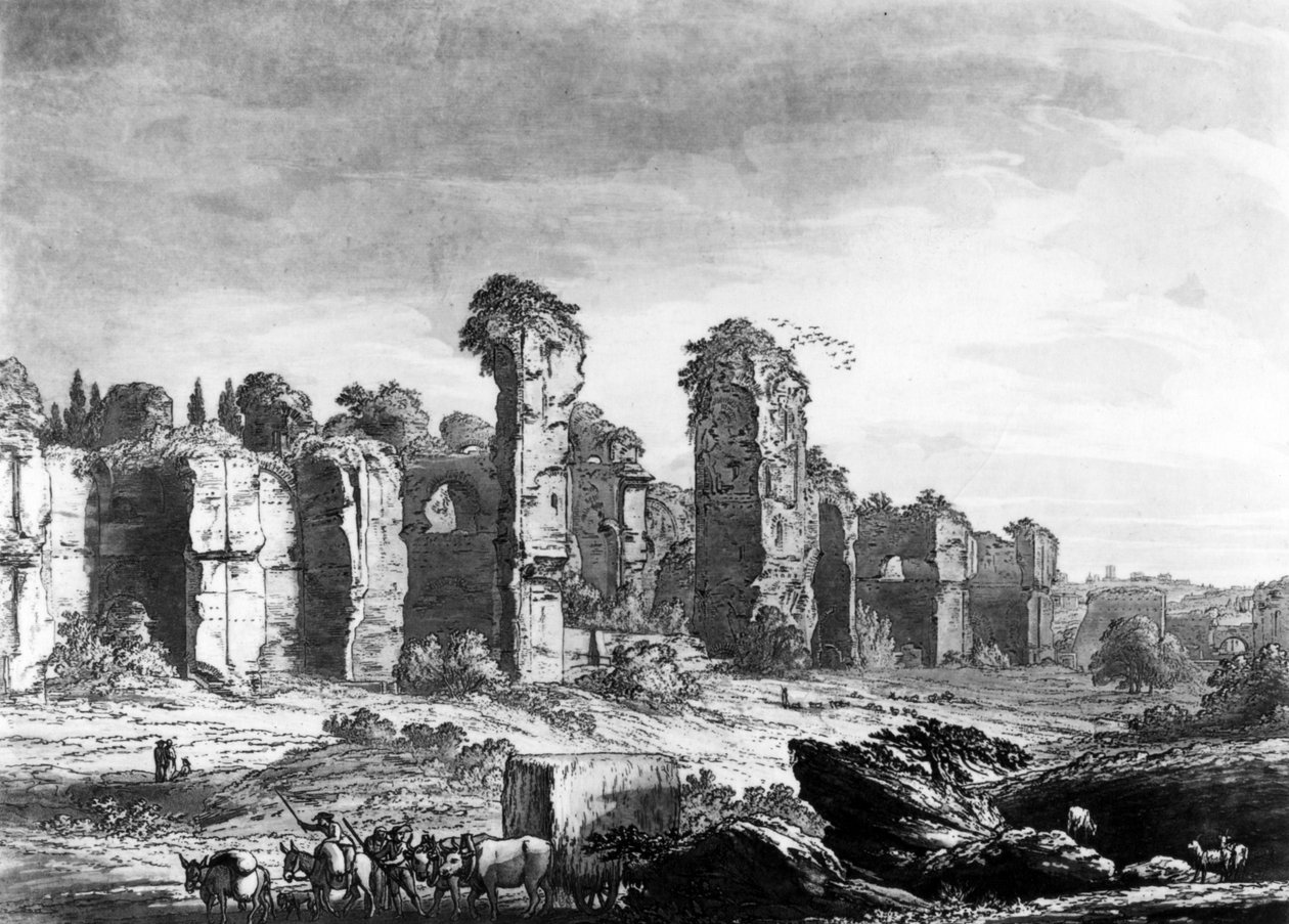 Utsikt över resterna av Caracallas bad, tagen från jesuiternas trädgård, Rom, ca 1778 (akvatint) av Richard, the Elder Cooper