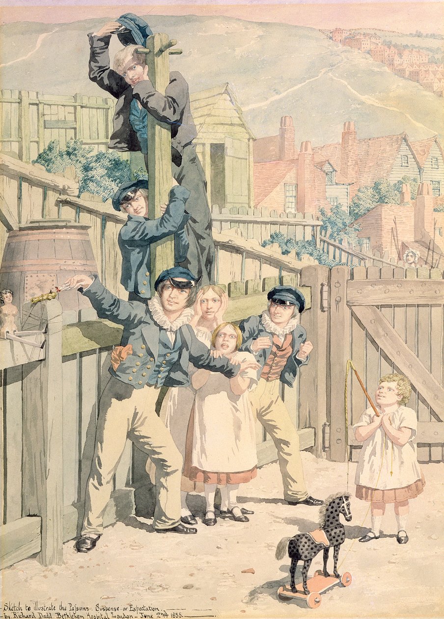 Skiss för att illustrera passionerna: Suspense or Expectation, 1855 (wc, penna och bläck över grafit på papper) av Richard Dadd