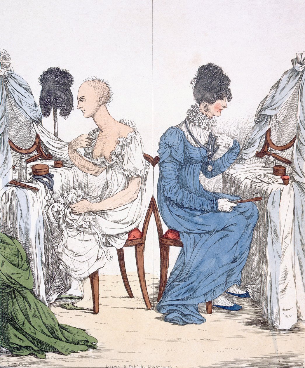 En fashionabel dam, pub. 1807 (färgad etsning) 88:A Regency Belle utan hennes peruk och kappa; av Richard Dighton