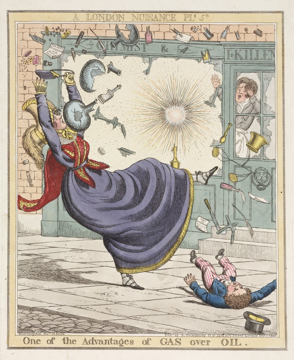 En av fördelarna med gas över olja, plåt 5 från A London Nuisance, 1822 (handfärgad etsning) av Richard Dighton