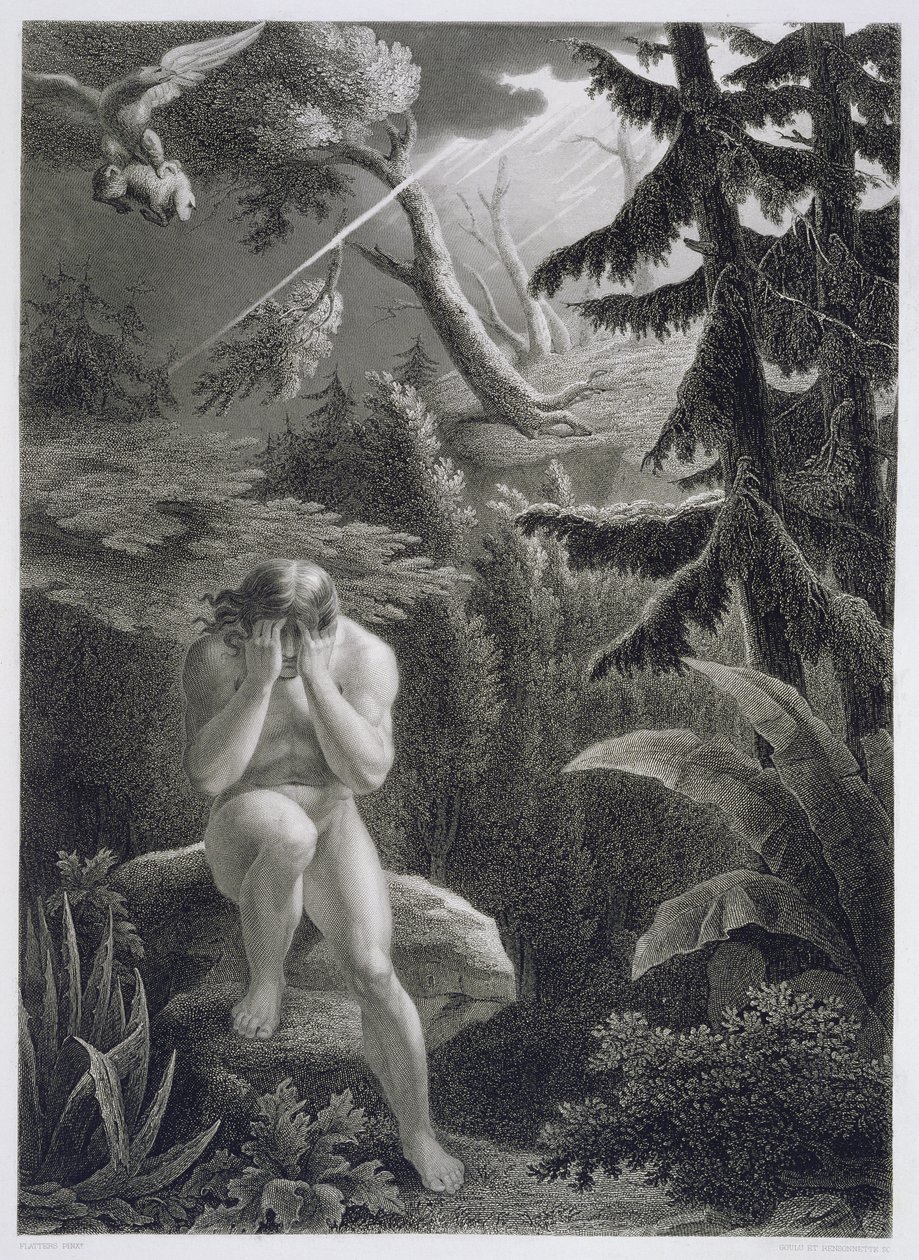 Adam beklagar sin syndighet, från en fransk utgåva av "Paradise Lost" av John Milton (1608-74) graverad av Goulu och Rensonnette, publicerad 1868 av Richard Edmond Flatters