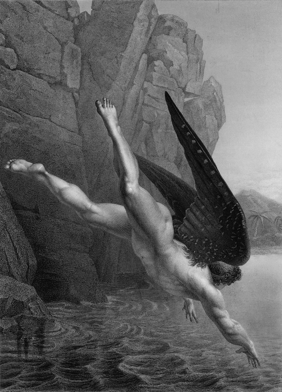 Satan störtar i floden Styx, från en fransk utgåva av "Paradise Lost" av John Milton (1608-74) graverad av Darodes, publicerad 1868 av Richard Edmond Flatters