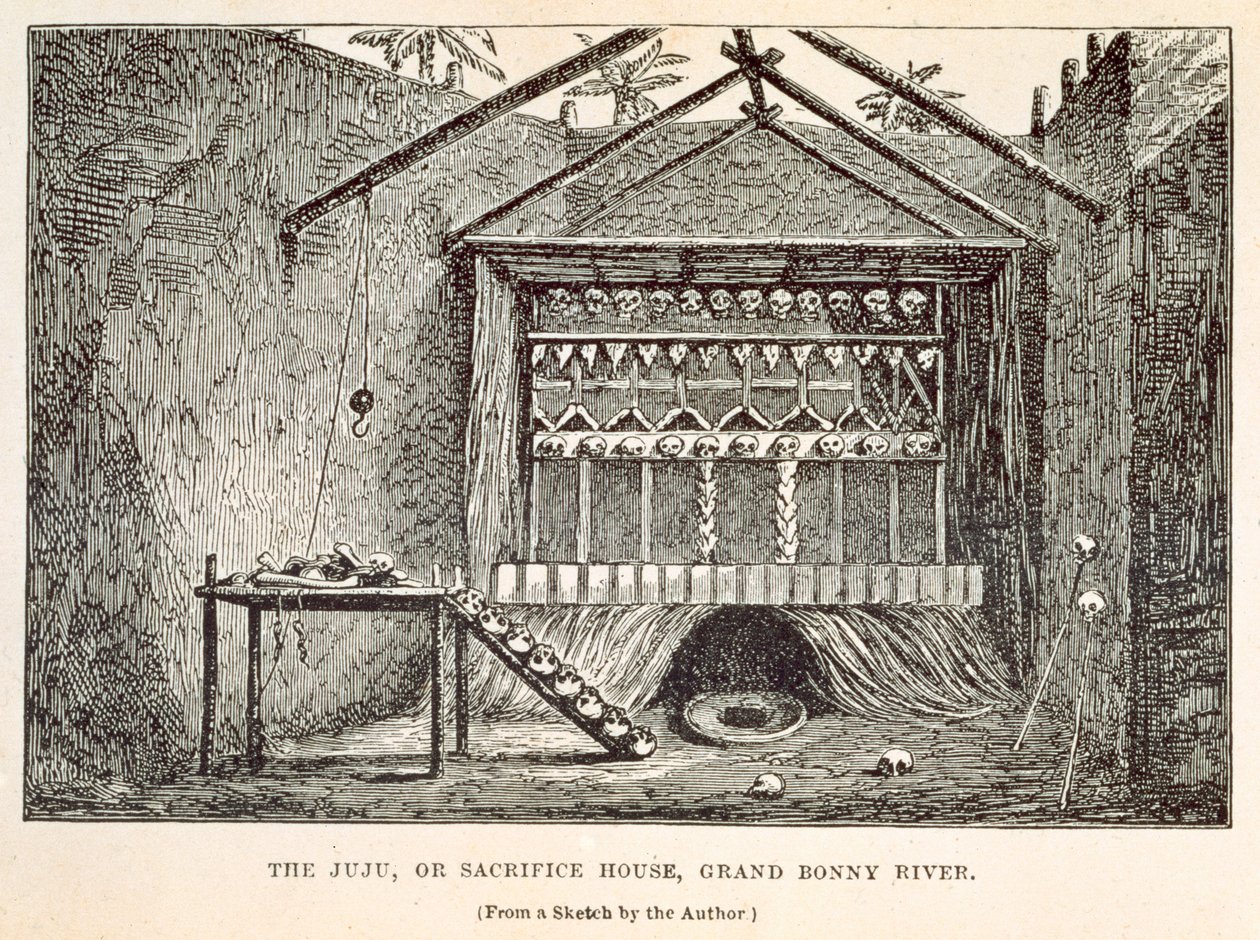 Juju, eller offerhuset, Grand Bonny River, från "Wanderings in West Africa from Liverpool to Fernando Po", av Richard F. Burton, graverad av Tinsley Brothers, 1863. av Richard Francis Burton